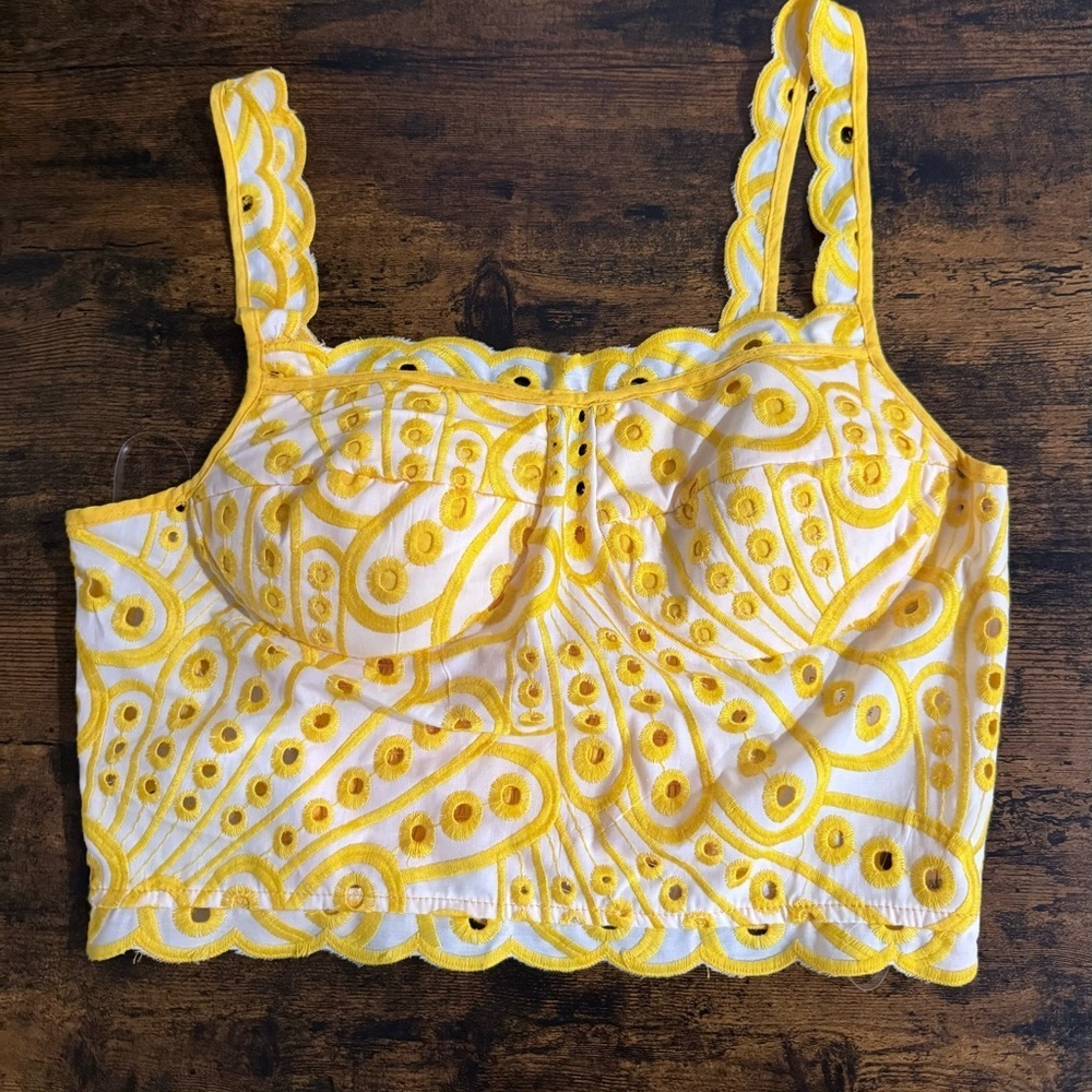 Main Strip Yellow and White Embroidered Crop Top